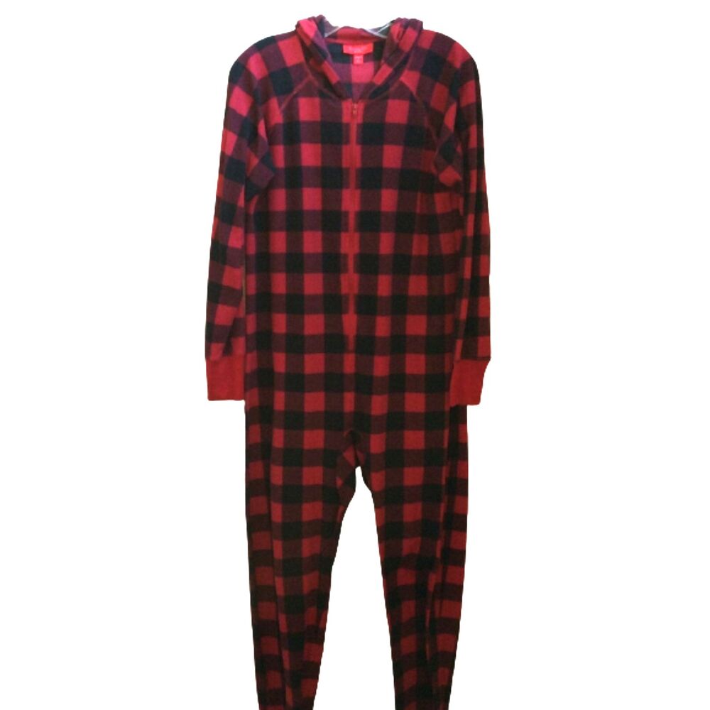 FAMILY PJS MACYS WOMENS SMALL HOODED ONE PIECE PAJAMA RED BLACK PLAID FLANNEL
